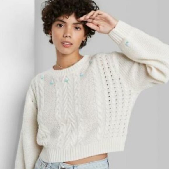 Wild Fable Cream Cropped Cable Embroidered Crew Neck Long Sleeved Sweater NWT 3X - Picture 1 of 4